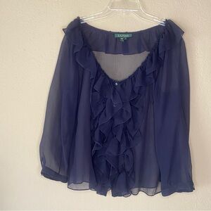Ralph Lauren Navy Ruffle Sheer Silk Blouse